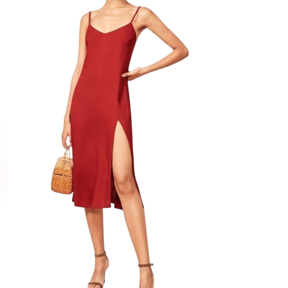 Reformation Dresses & Skirts - Reformation Red Crimini Dress Midi Dress Front Slit V-neck Sleeveless Size 6